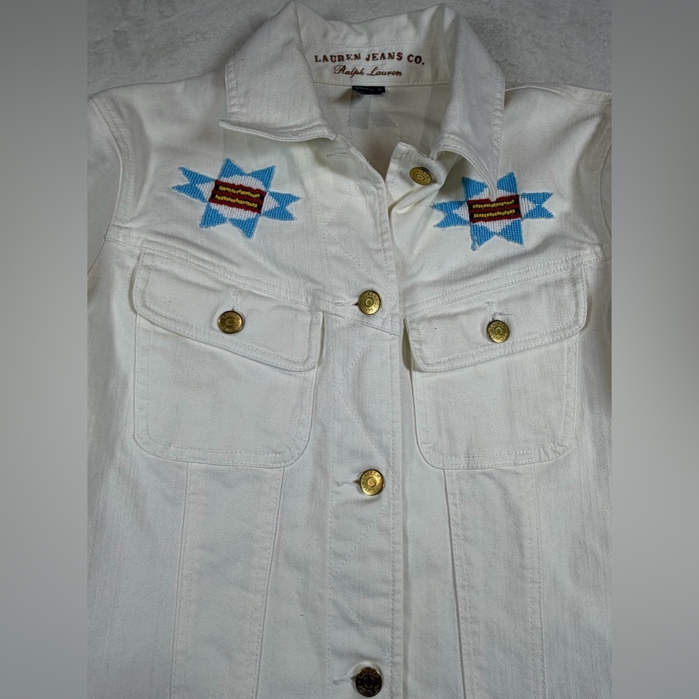 Women’s Polo Ralph Lauren White Jean Jacket Western Southwest Embroidered Bead - Picture 5 of 11